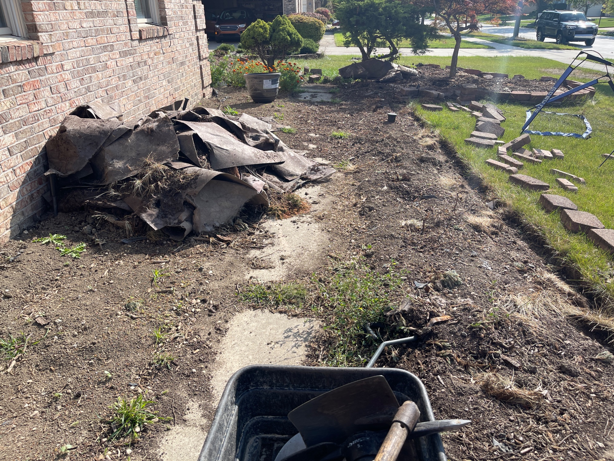 Before: demolished bed with old weed barrier