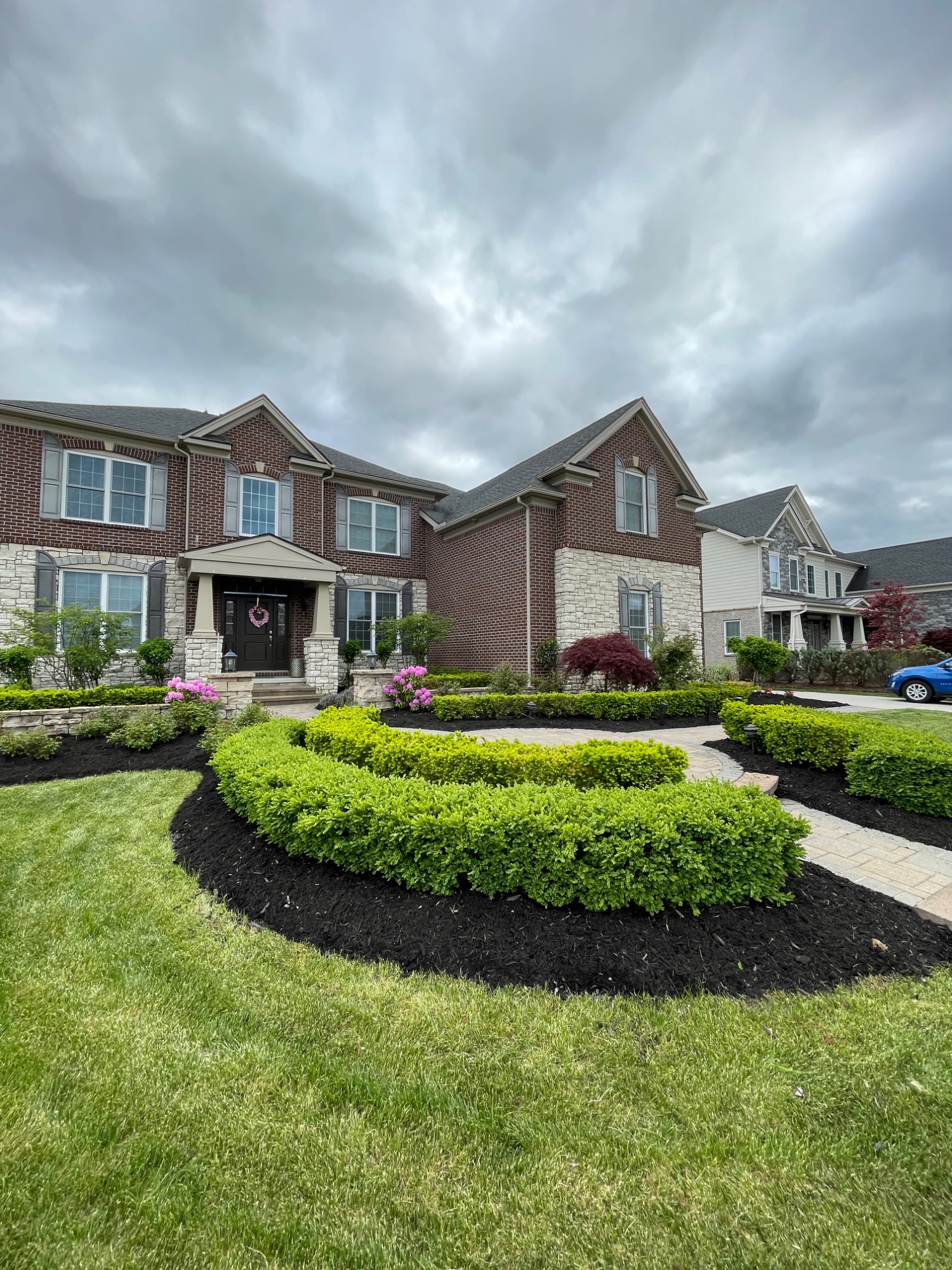 After: razor-sharp curved hedgerow with black mulch