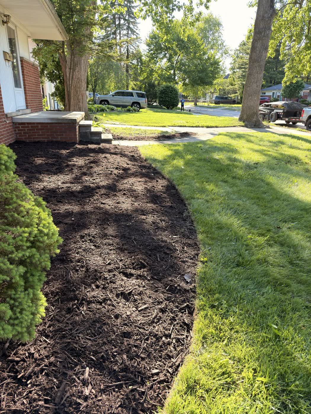 Freshly mulched bed with a crisp hand-cut edge against the lawn