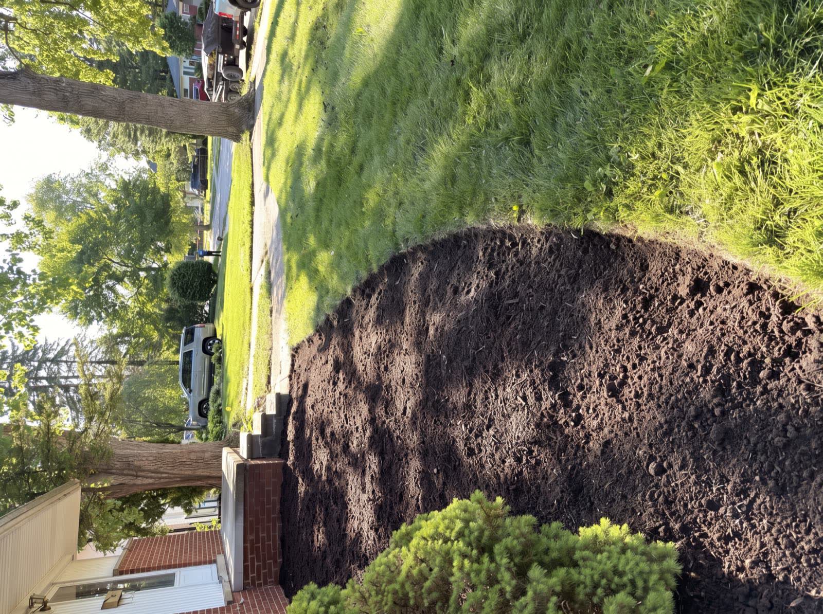 Mid-project: the bed shape cut into the lawn and filled with bare, freshly raked topsoil
