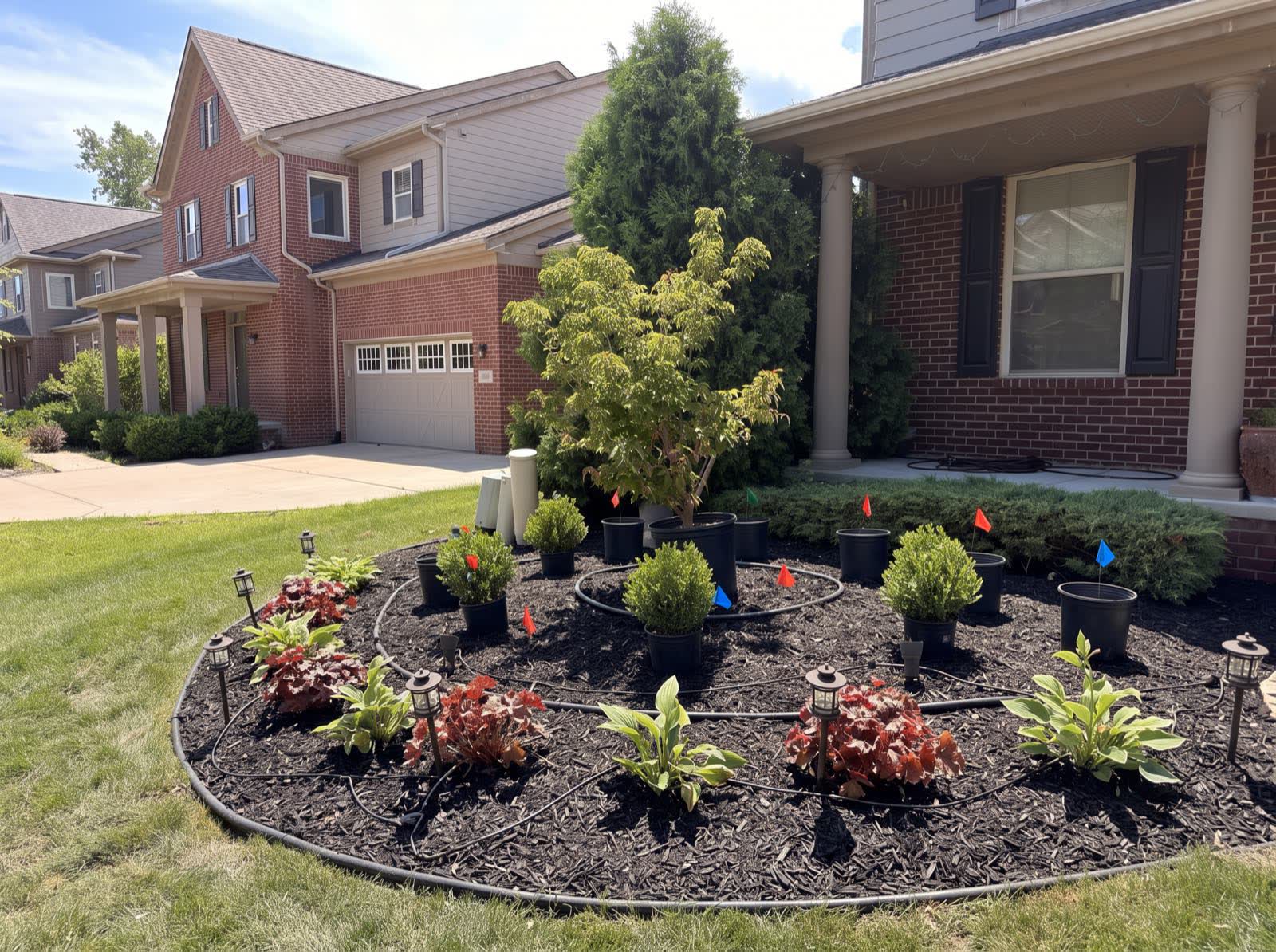Mid-project: shrubs and perennials set out on the bed in their positions before planting